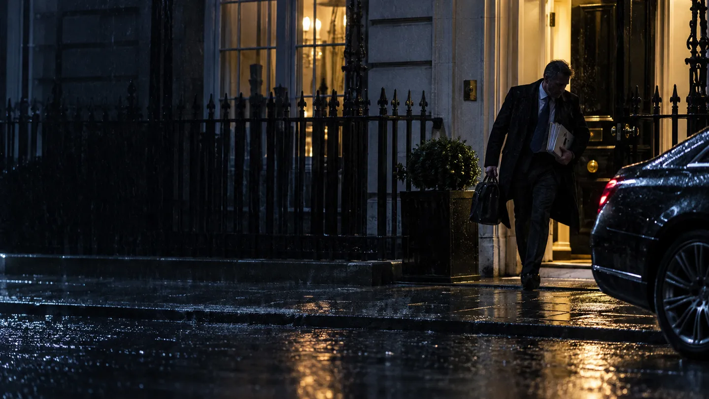 Anonymous suited figure leaving a Westminster property with papers in the rain